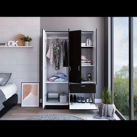 Tuhome Vaupes Armoire, Double Door Cabinet, One Drawer, Five Interior Shelves, Rod, Black/White CLW5953
